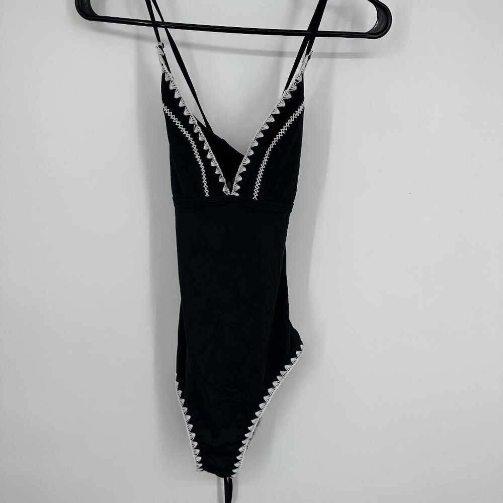 Bar III swimsuit black with white crochet detail deep plunge neckline size small